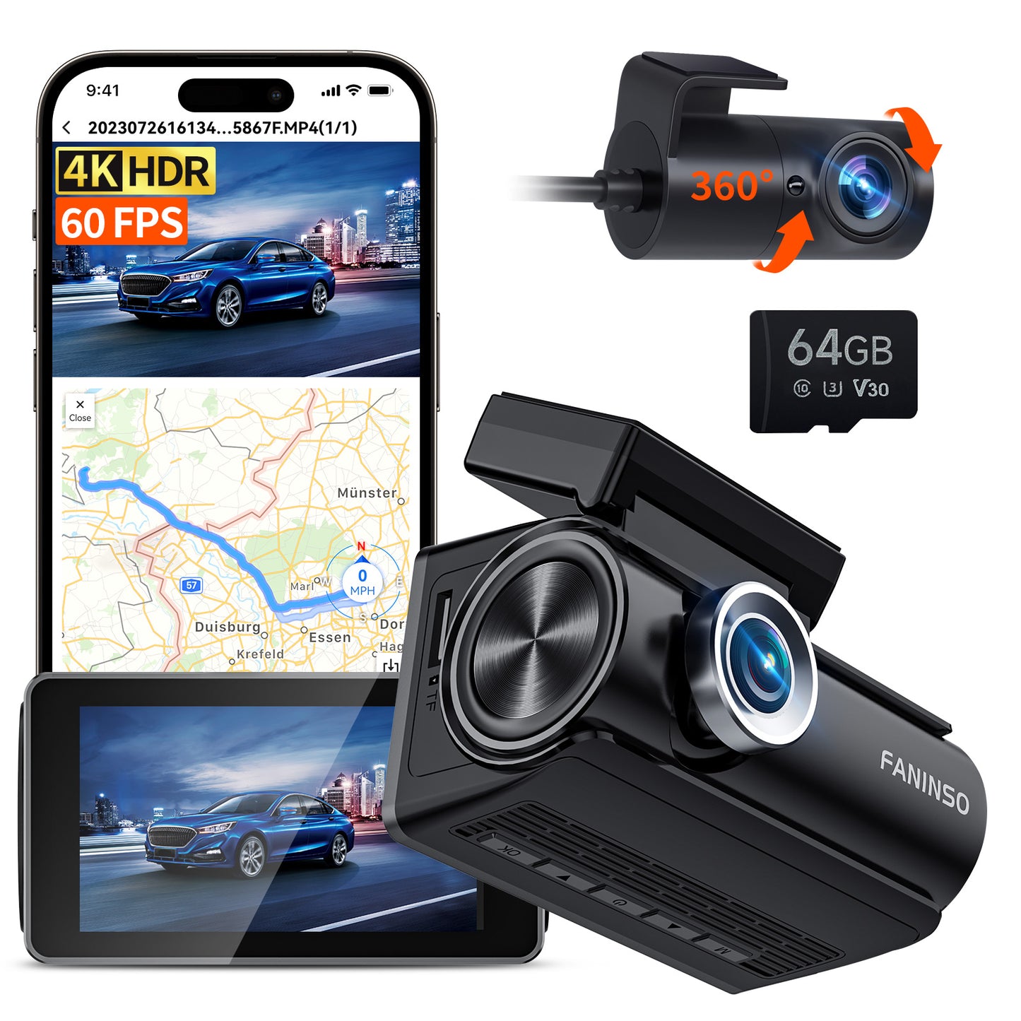 4k Dash Cam Front and Rear - Dash Camera for Cars and Trucks, Audio Alerts, Enhanced Night Vision, 3” HD Display, Includes 64GB Card - WiFi, GPS, 24H Parking Mode