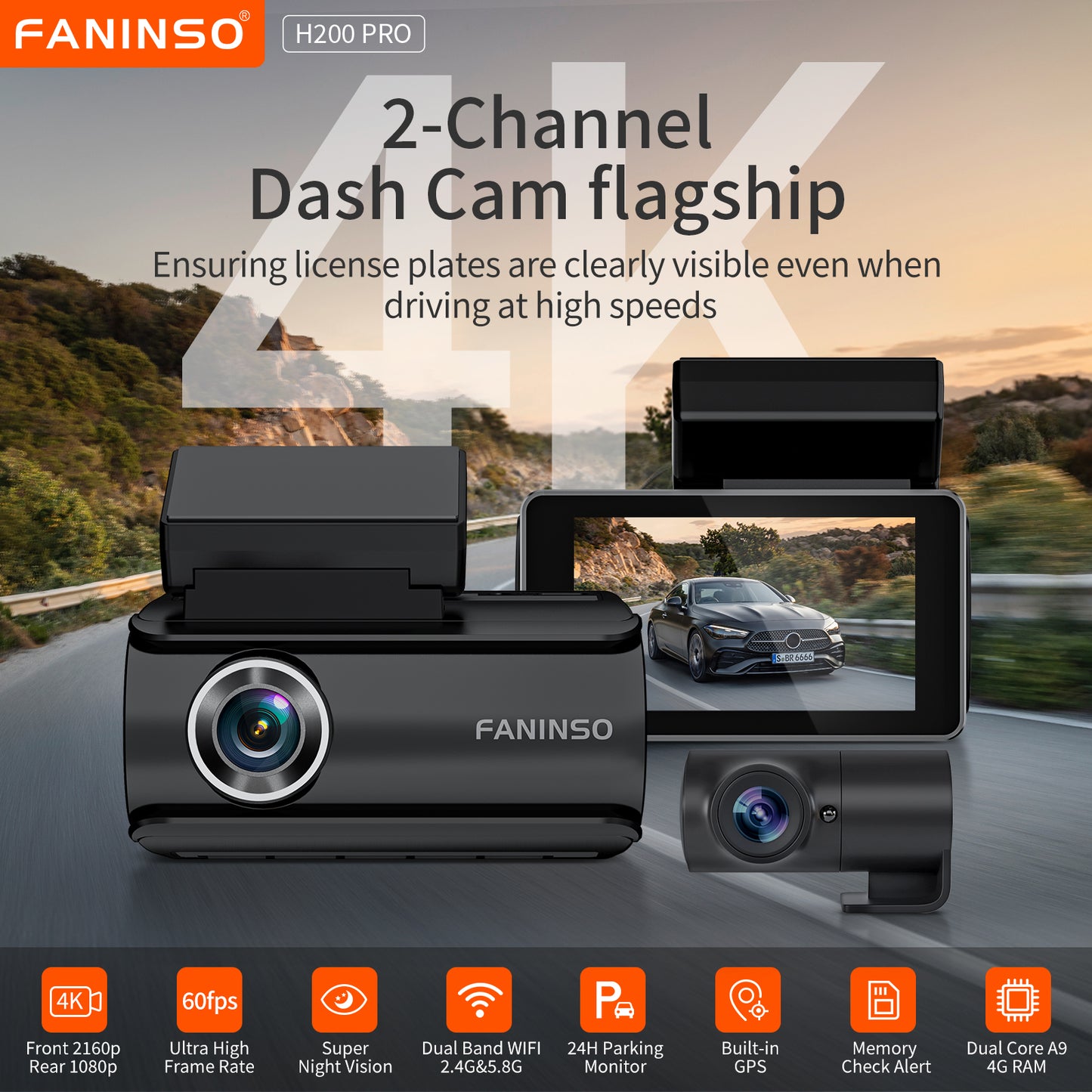 4k Dash Cam Front and Rear - Dash Camera for Cars and Trucks, Audio Alerts, Enhanced Night Vision, 3” HD Display, Includes 64GB Card - WiFi, GPS, 24H Parking Mode