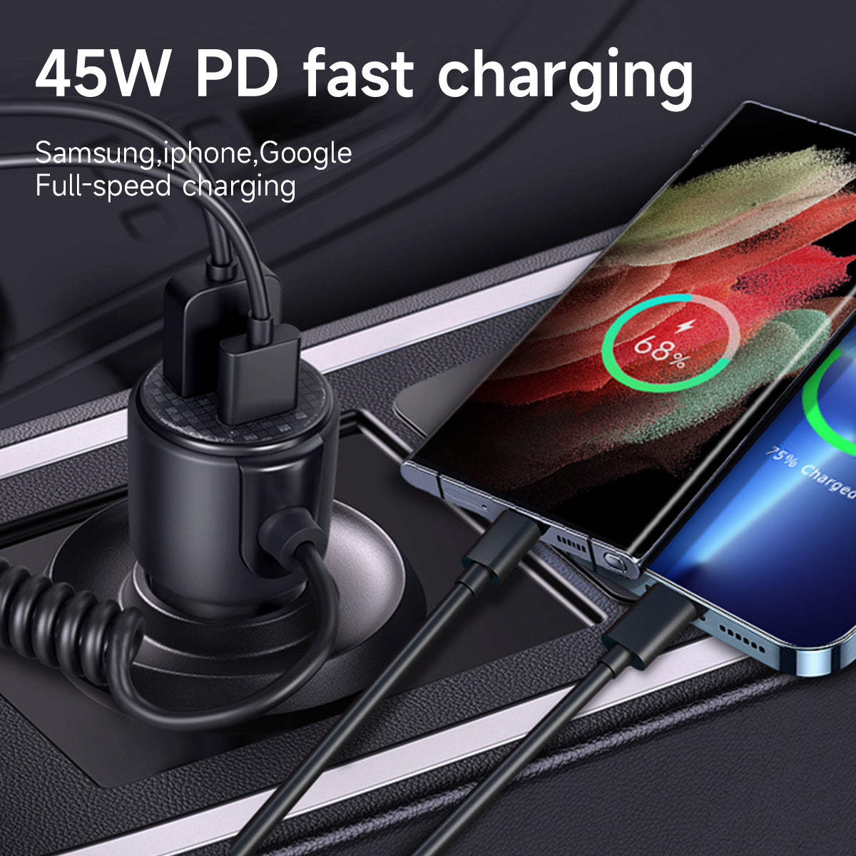 Faninso 110W PD Phone car Charger,3 Port Fast Charging,with 69 inch Extended Type C Spring Cord