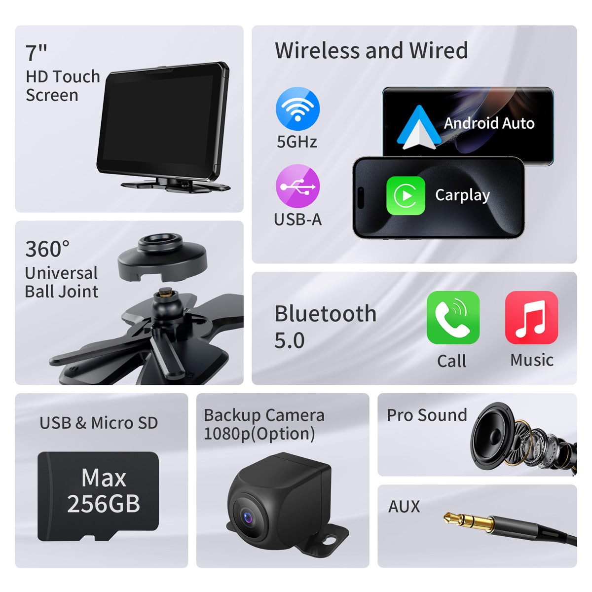 Faninso 7" HD CarPlay Screen, Compatible Wireless Apple CarPlay & Android Auto, GPS Navigation, with Bluetooth, Voice Control, Mirror Link, SD/USB Play, AUX/FM