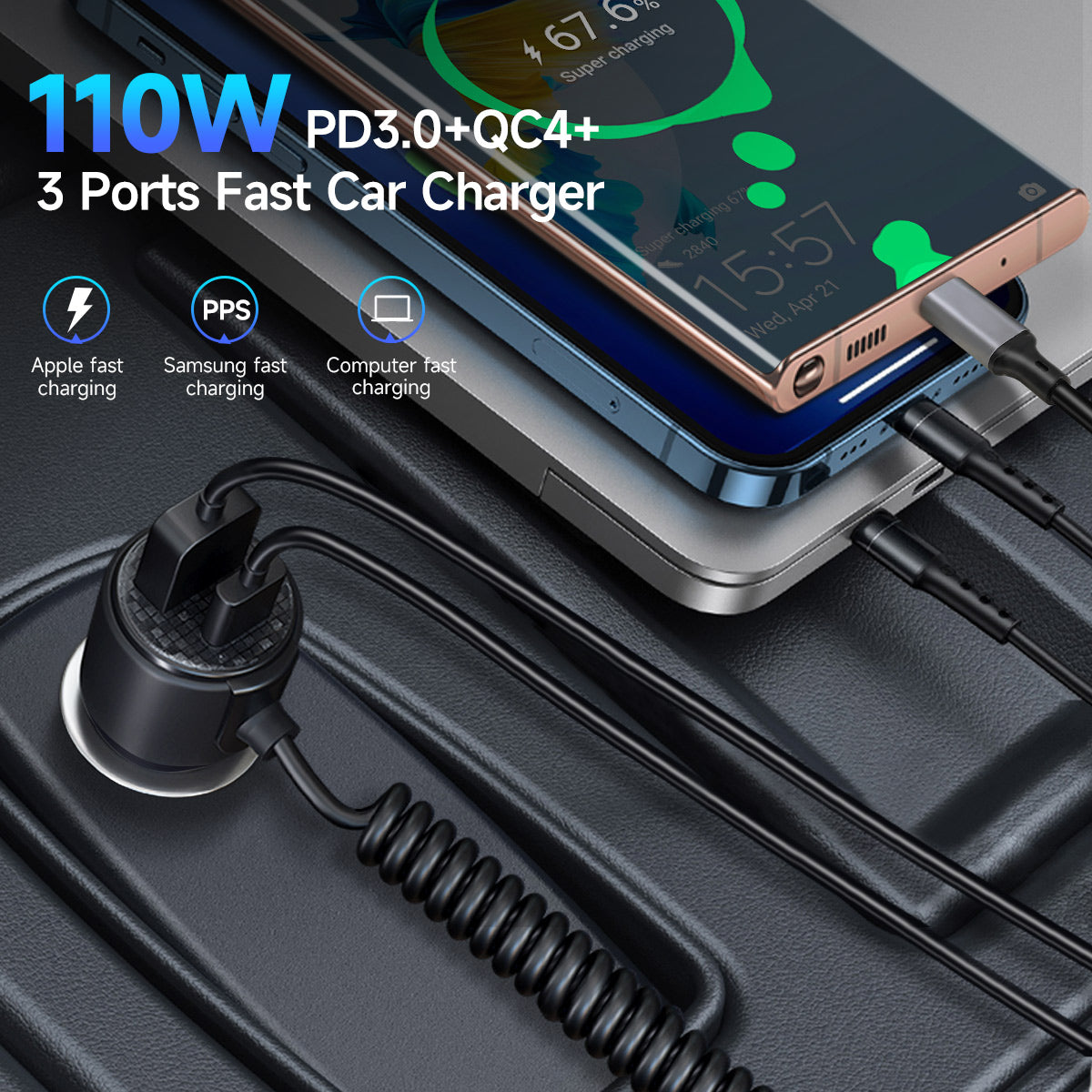 Faninso 110W PD Phone car Charger,3 Port Fast Charging,with 69 inch Extended Type C Spring Cord
