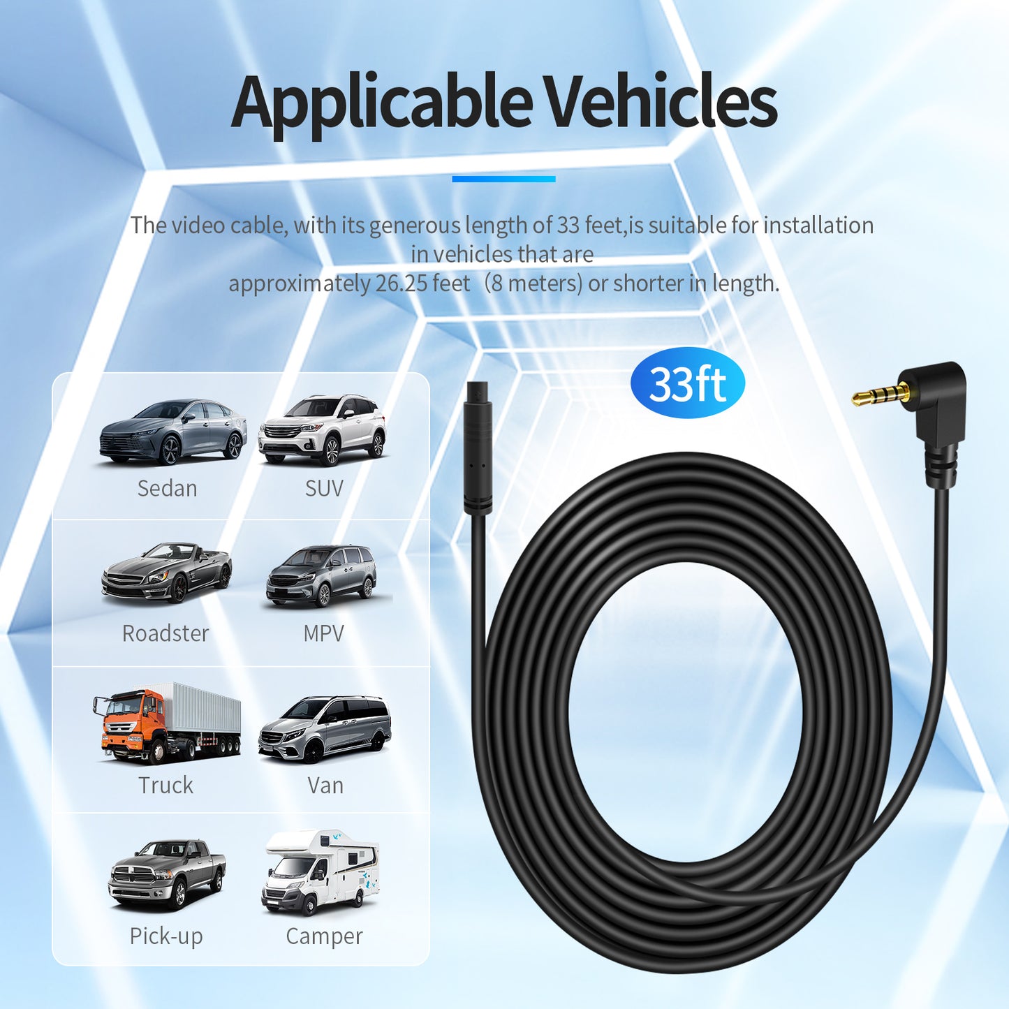 Faninso HE10 Rear Camera Extension Cable, 33ft - Suitable for SUV, Pickup, MPV, Truck, Van, RV - for Driving Recorder Video Transmission(33ft)