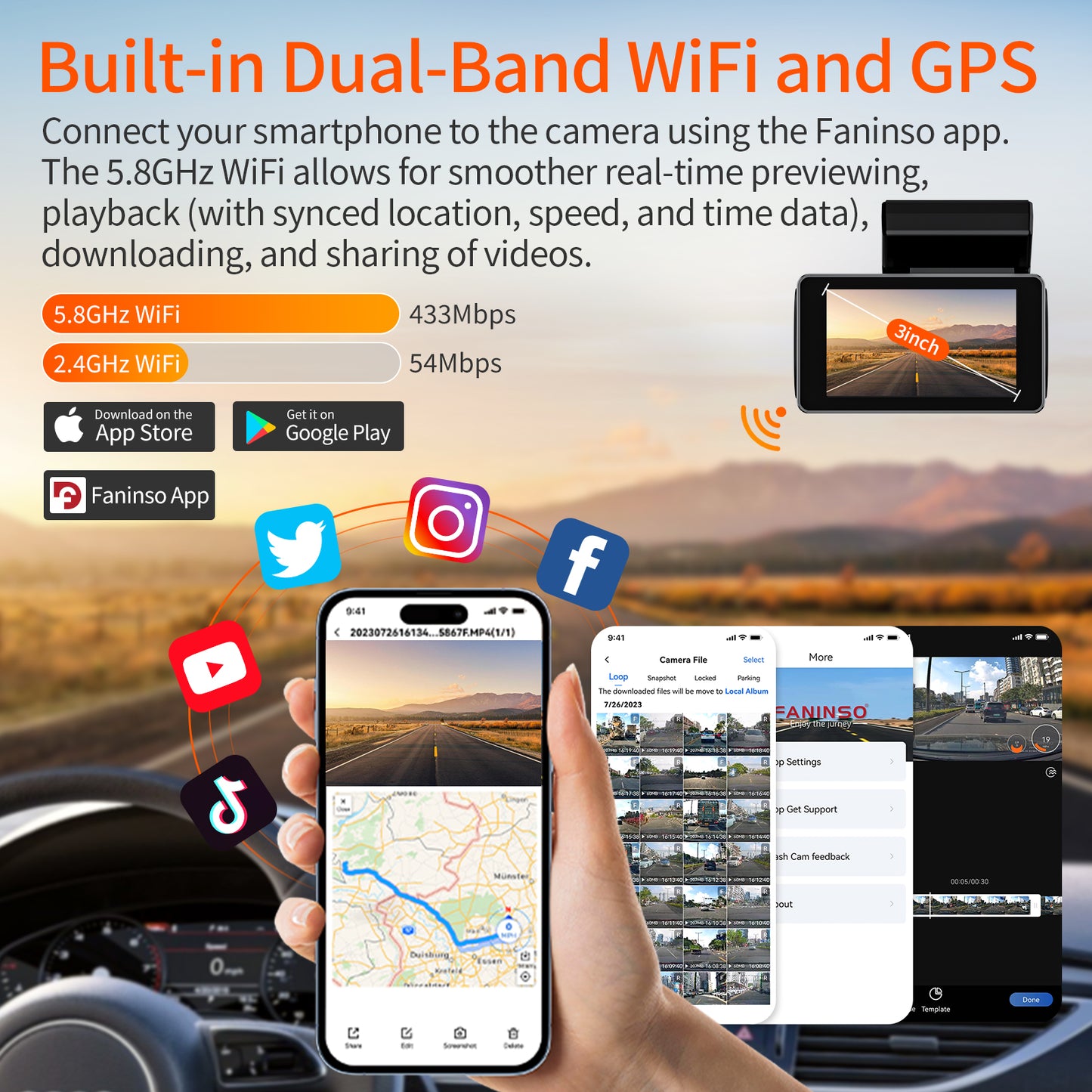 4k Dash Cam Front and Rear - Dash Camera for Cars and Trucks, Audio Alerts, Enhanced Night Vision, 3” HD Display, Includes 64GB Card - WiFi, GPS, 24H Parking Mode