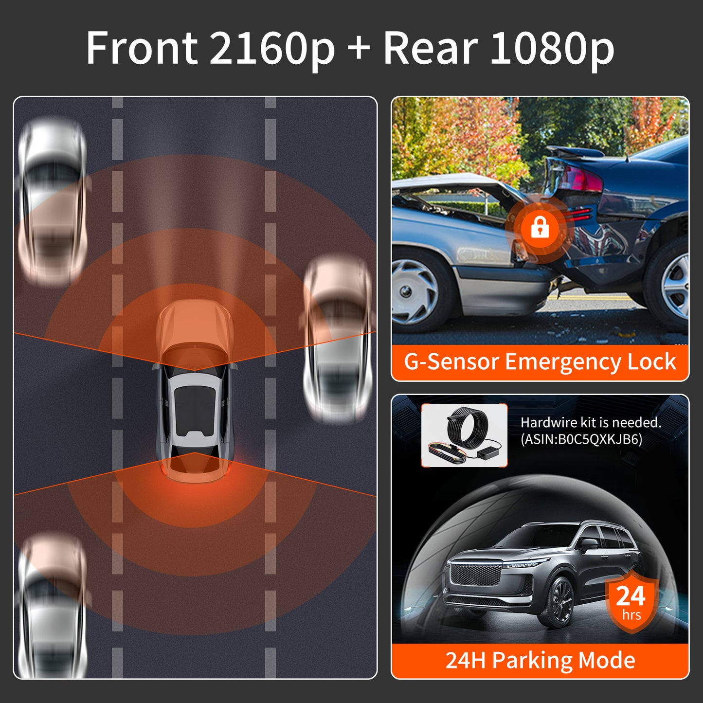 4k Dash Cam Front and Rear - Dash Camera for Cars and Trucks, Audio Alerts, Enhanced Night Vision, 3” HD Display, Includes 64GB Card - WiFi, GPS, 24H Parking Mode