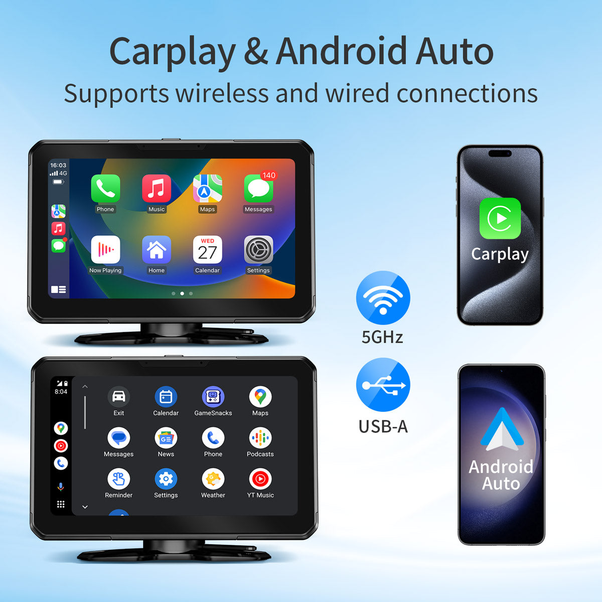 Faninso 7" HD CarPlay Screen, Compatible Wireless Apple CarPlay & Android Auto, GPS Navigation, with Bluetooth, Voice Control, Mirror Link, SD/USB Play, AUX/FM