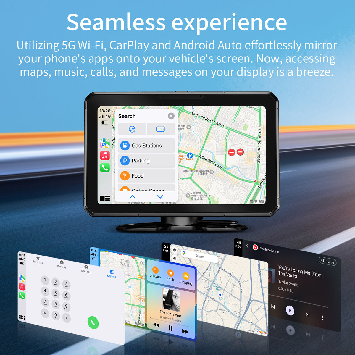 Faninso 7" HD CarPlay Screen, Compatible Wireless Apple CarPlay & Android Auto, GPS Navigation, with Bluetooth, Voice Control, Mirror Link, SD/USB Play, AUX/FM