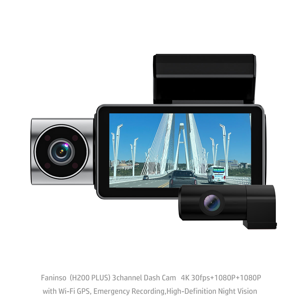 Faninso H200 PLUS 3channel Dash Cam 4K 30fps+1080P+1080P with Wi-Fi GPS, Emergency Recording,High-Definition Night Vision