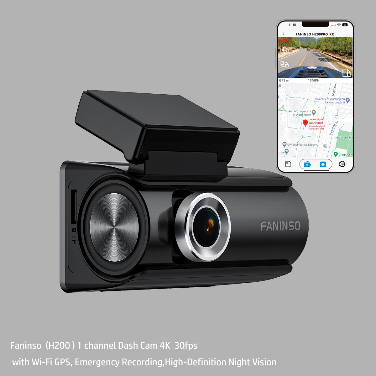 Faninso H200 Dash Cam 4K 30fps with Wi-Fi GPS, Emergency Recording,High-Definition Night Vision