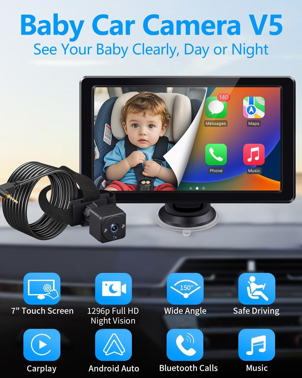 Faninso Baby Car Camera, 1296P HD Car Baby Monitor with 7" Touchscreen, CarPlay, No‑Glow Night Vision, 150° Wide Angle, Live Rear‑Seat View, Easy Installation, Alternative to Rear Facing Mirrors