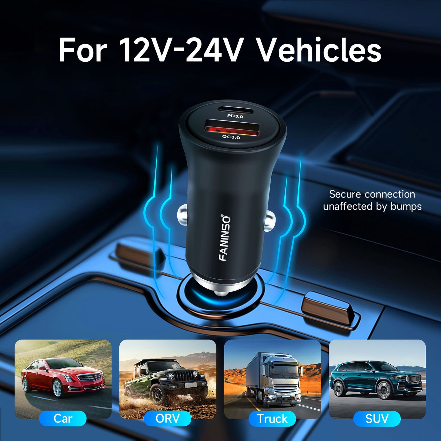 USB C Car Charger, 60W Dual Port (USB‑C + USB‑A) PD/QC Fast Charging 12V/24V Cigarette Lighter Adapter, Compatible with iPhone 17/16/15, Galaxy S26/S25/S24, Pixel, iPad