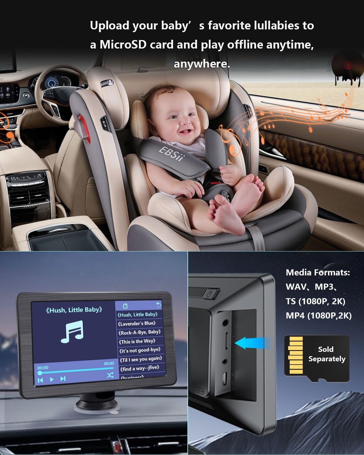 Faninso Baby Car Camera, 1296P HD Car Baby Monitor with 7" Touchscreen, CarPlay, No‑Glow Night Vision, 150° Wide Angle, Live Rear‑Seat View, Easy Installation, Alternative to Rear Facing Mirrors