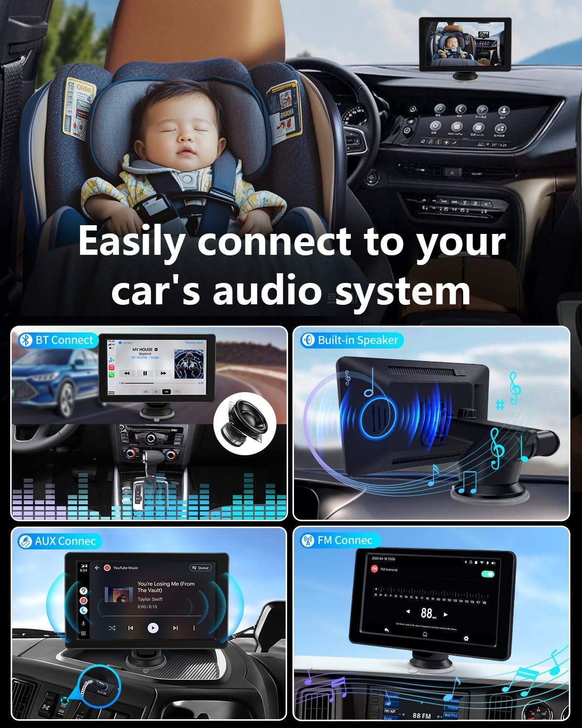 Faninso Baby Car Camera, 1296P HD Car Baby Monitor with 7" Touchscreen, CarPlay, No‑Glow Night Vision, 150° Wide Angle, Live Rear‑Seat View, Easy Installation, Alternative to Rear Facing Mirrors