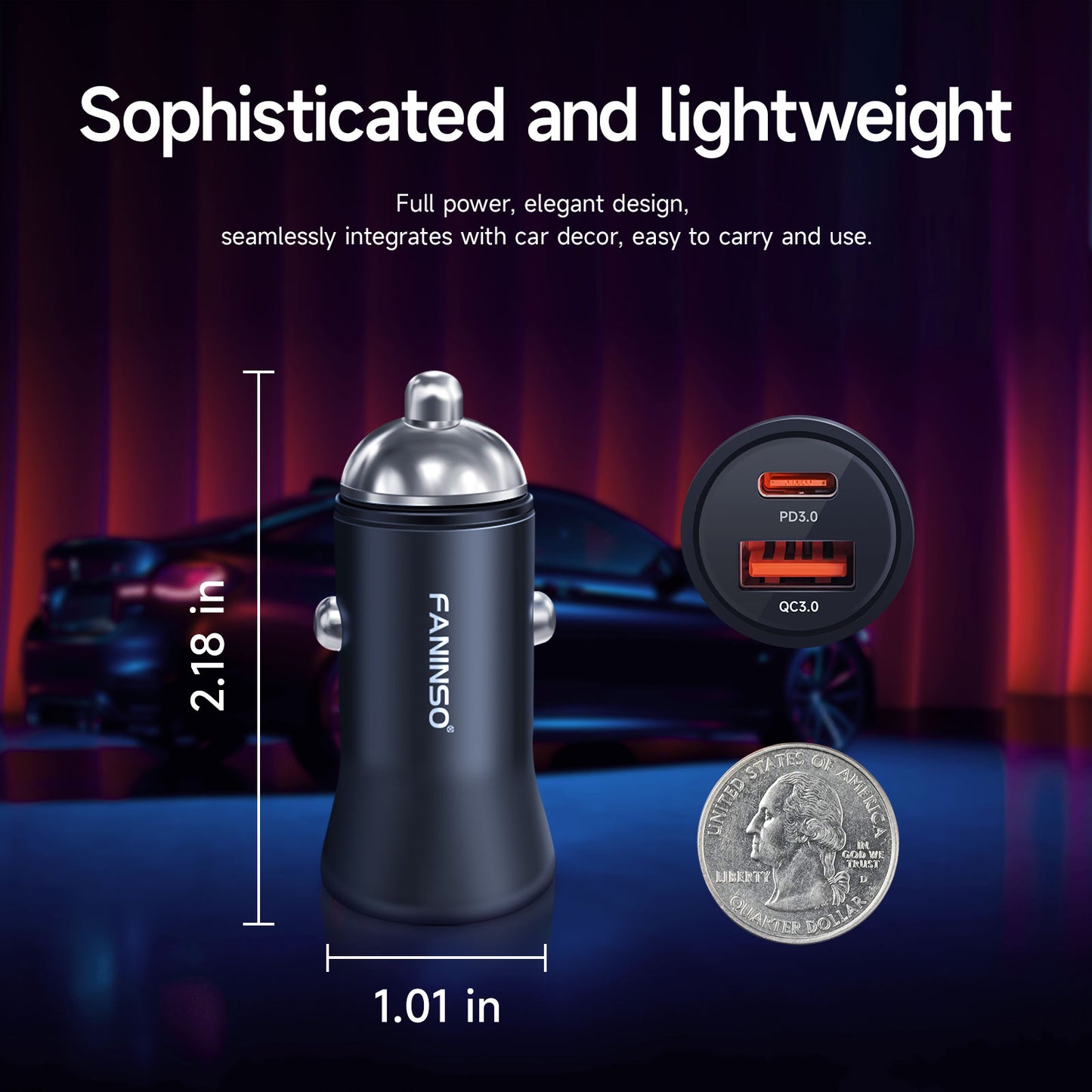 USB C Car Charger, 60W Dual Port (USB‑C + USB‑A) PD/QC Fast Charging 12V/24V Cigarette Lighter Adapter, Compatible with iPhone 17/16/15, Galaxy S26/S25/S24, Pixel, iPad