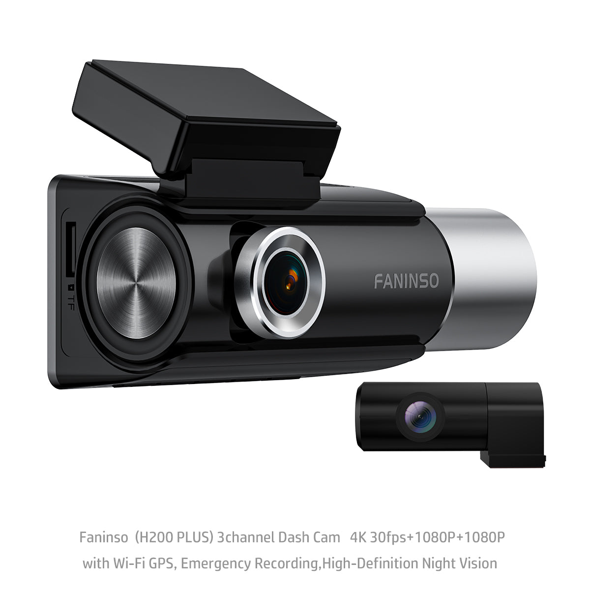 Faninso  H200 PLUS 3channel Dash Cam   4K 30fps+1080P+1080P    with Wi-Fi GPS, Emergency Recording,High-Definition Night Vision